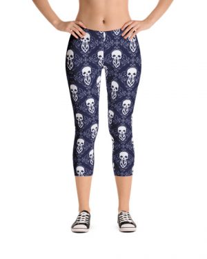 Blue Biker Skulls Capri Leggings