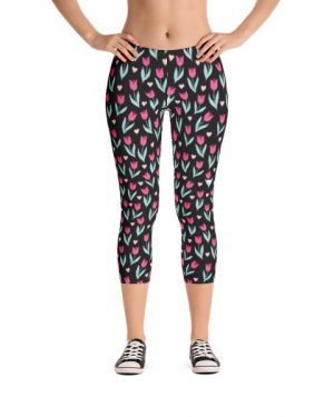 Spring Flowers Black Capri Leggings
