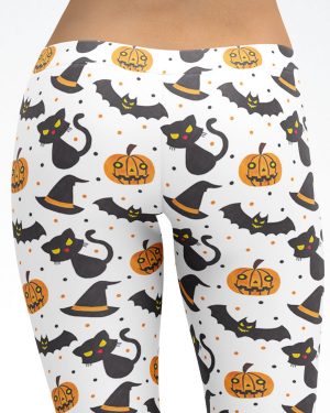 Halloween Cat and Pumpkin White Capri Leggings