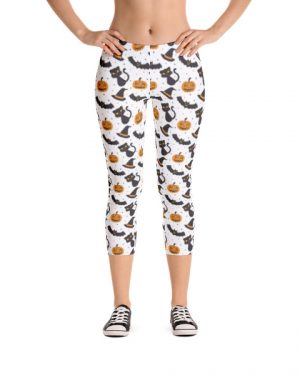Halloween Cat and Pumpkin White Capri Leggings