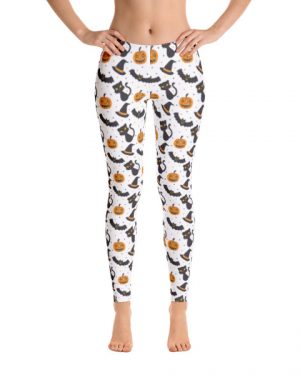 Halloween Cat and Pumpkin White Leggings