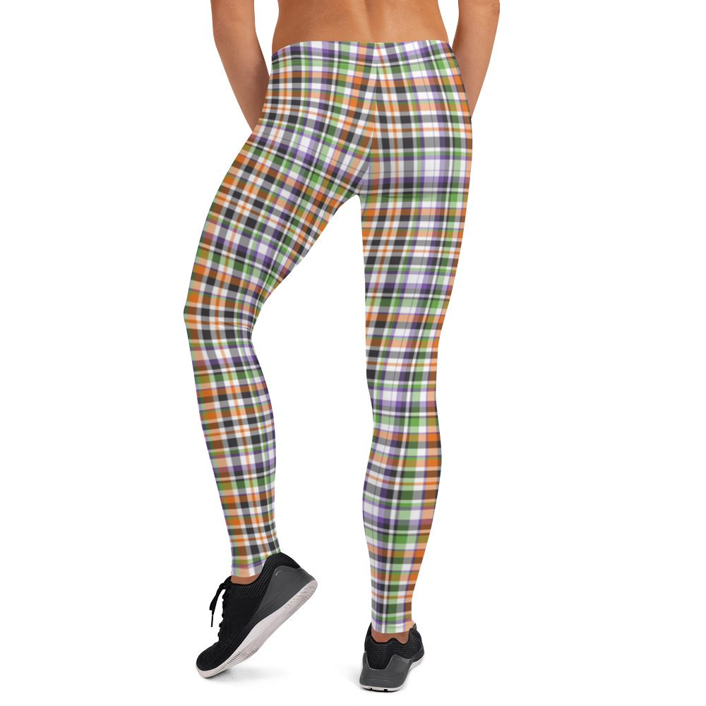 Plaid Leggings - Purple Orange White Tartan Halloween Leggings - Image 2