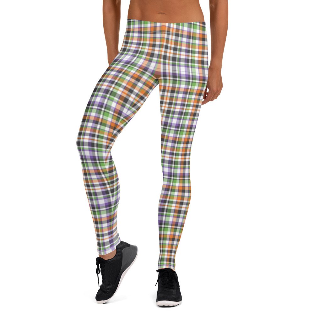 Plaid Leggings - Purple Orange White Tartan Halloween Leggings - Image 5