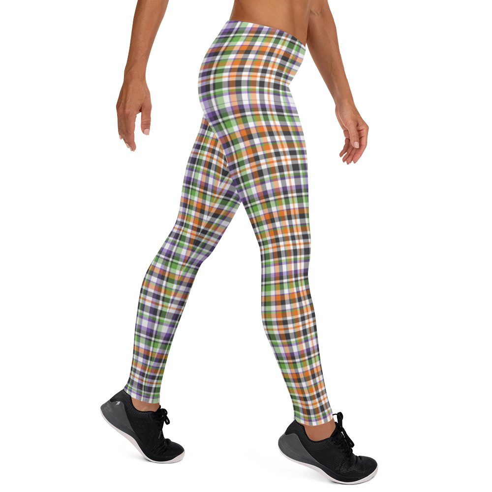 Plaid Leggings - Purple Orange White Tartan Halloween Leggings - Image 4
