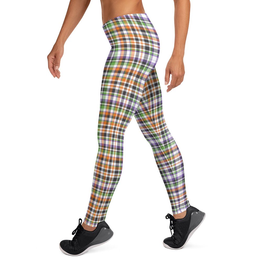Plaid Leggings - Purple Orange White Tartan Halloween Leggings - Image 3