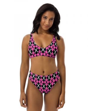 Pink and Black Plaid Eco Friendly Cheeky High-Waisted Bikini