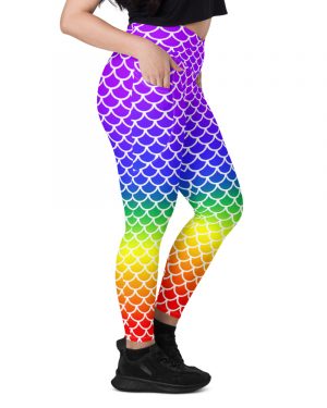 Rainbow Mermaid Crossover Leggings with Pockets – White details