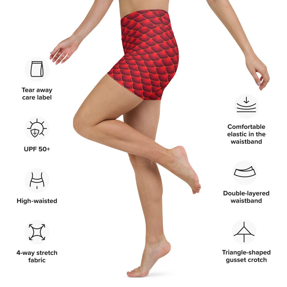 yoga shorts, shorts, high waisted, high waist, slim fit, red dragon costume, reptile costume, Lizard Costume, halloween costume, cosplay costume, rundisney, rundisney costume, activewear costume, dance costume, disneyland costume, festival costume, plus size costume, plus size, Woman's Costume, uv protection, activewear,