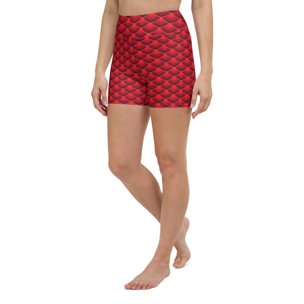 yoga shorts, shorts, high waisted, high waist, slim fit, red dragon costume, reptile costume, Lizard Costume, halloween costume, cosplay costume, rundisney, rundisney costume, activewear costume, dance costume, disneyland costume, festival costume, plus size costume, plus size, Woman's Costume, uv protection, activewear,