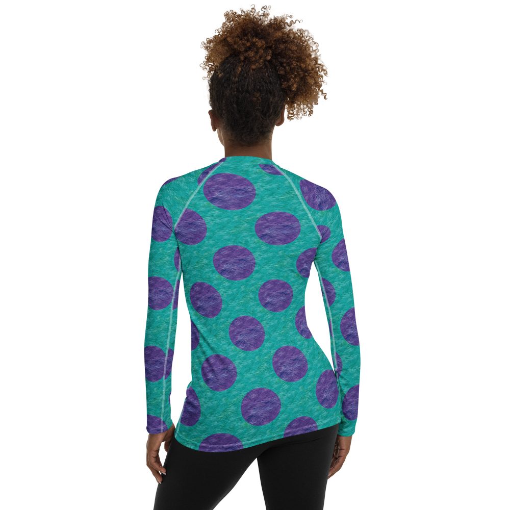 women's rashguard, swim shirt, uv protection, long sleeve shirt, long sleeve costume, monster tank top, Purple and blue polkadot, Sully Costume, Monster costume, Monsters Inc., Cosplay Costume, Halloween Costume, Womans costume, plus size costume, matching costume, men's costume, children's costume, kid's costume, women's costume, girls costume, boys costume, running costume, rundisney, run disney, dance costume, activewear