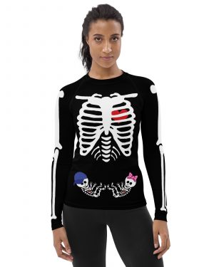 Pregnant Skeleton Baby Twin Boy and Girl Halloween Cosplay Costume Women’s Rash Guard