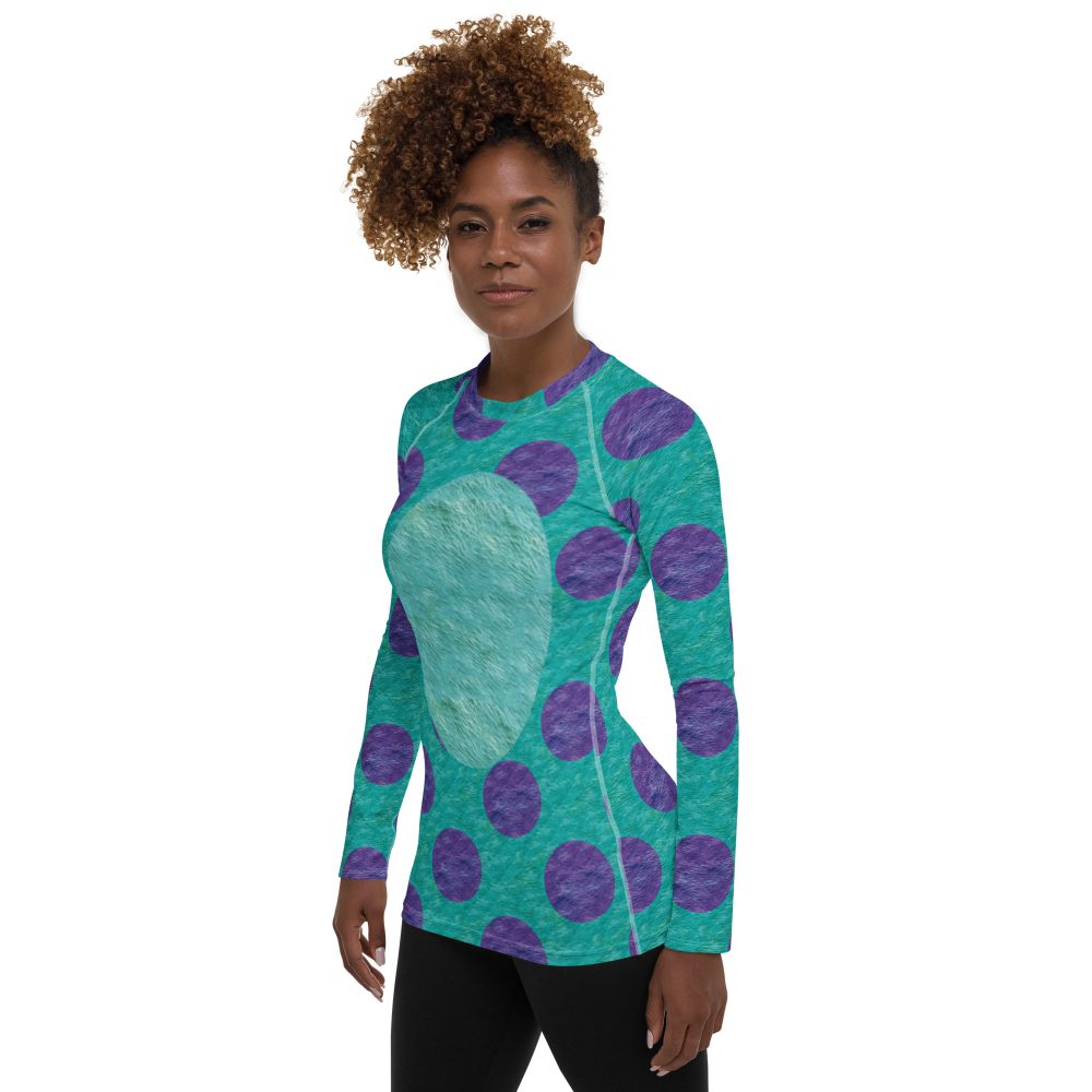 women's rashguard, swim shirt, uv protection, long sleeve shirt, long sleeve costume, monster tank top, Purple and blue polkadot, Sully Costume, Monster costume, Monsters Inc., Cosplay Costume, Halloween Costume, Womans costume, plus size costume, matching costume, men's costume, children's costume, kid's costume, women's costume, girls costume, boys costume, running costume, rundisney, run disney, dance costume, activewear