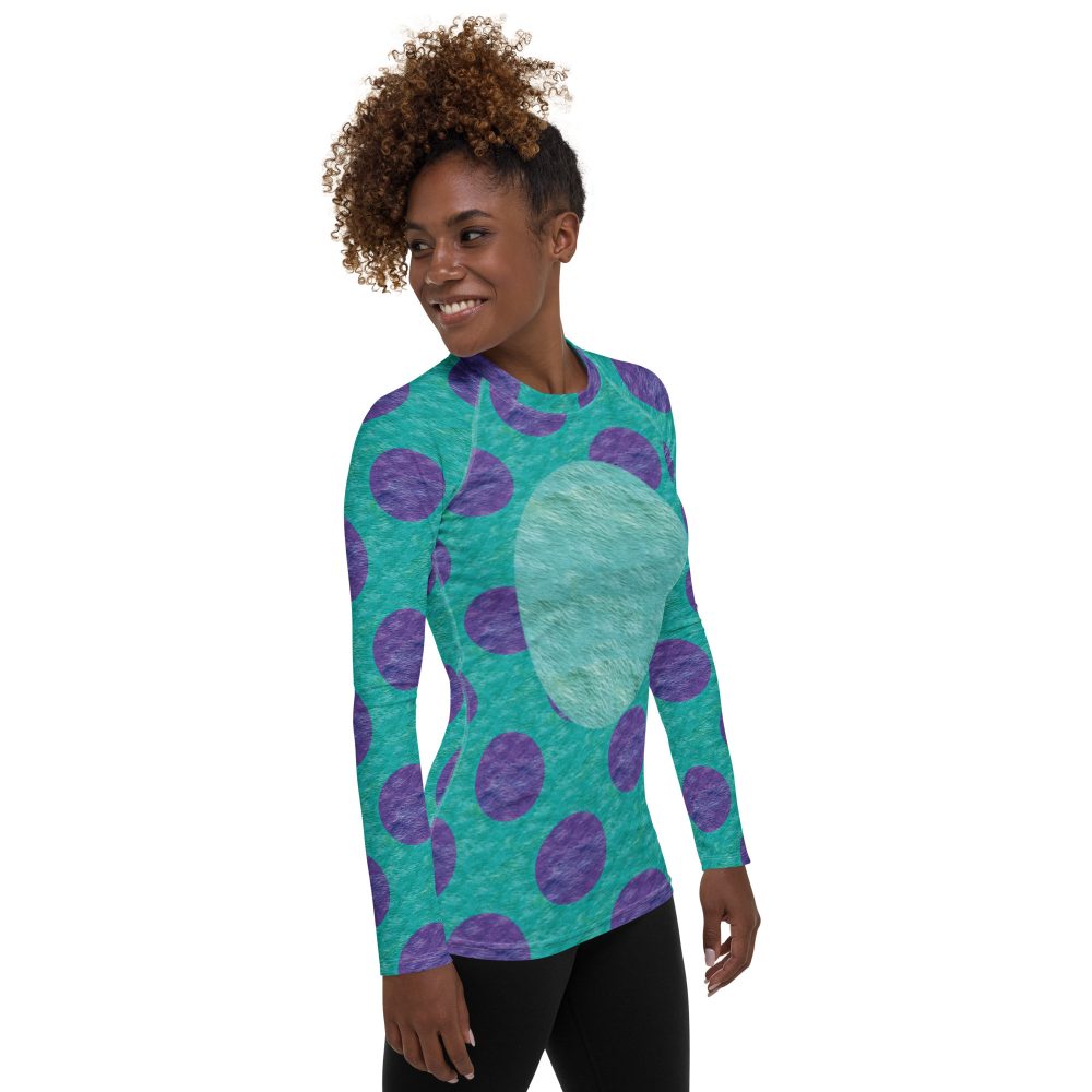 women's rashguard, swim shirt, uv protection, long sleeve shirt, long sleeve costume, monster tank top, Purple and blue polkadot, Sully Costume, Monster costume, Monsters Inc., Cosplay Costume, Halloween Costume, Womans costume, plus size costume, matching costume, men's costume, children's costume, kid's costume, women's costume, girls costume, boys costume, running costume, rundisney, run disney, dance costume, activewear