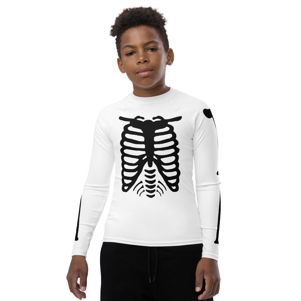 Skeleton Halloween Cosplay Costume Black Bones Youth Rash Guard