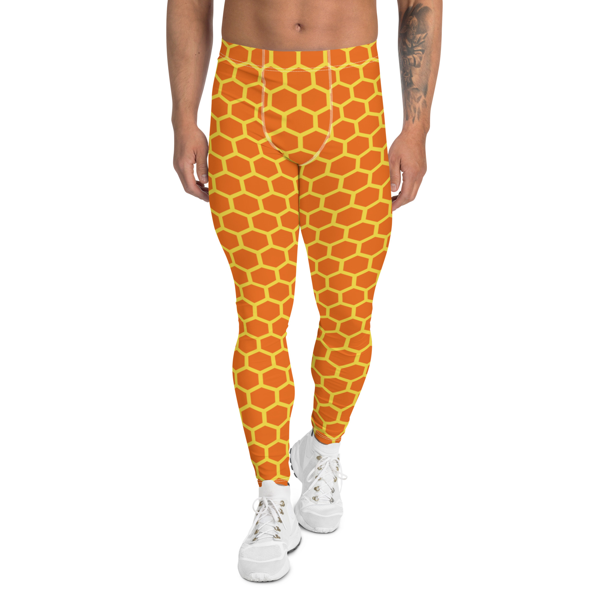 honeycome costume, beekeeper costume, winnie the pooh honey pot costume, activewear, running, rundisney, rundisney costume, dance costume, men's costume, uv protection, men's leggings, leggings, meggings, polyester, spandex, gusset