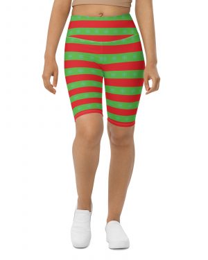 Christmas Bike Shorts Red and Green Striped with Snowflakes