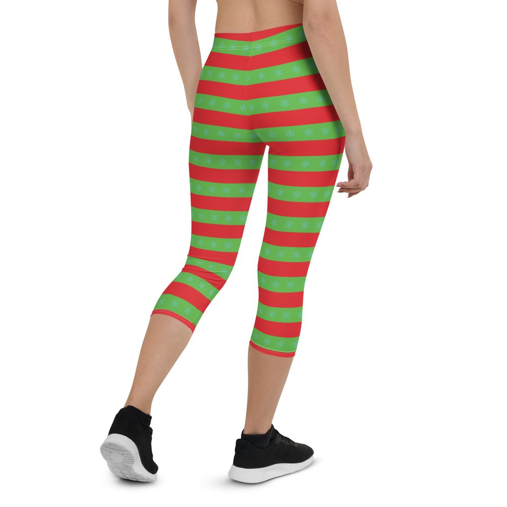 Christmas Capri Leggings Red and Green Striped with Snowflakes - Image 3