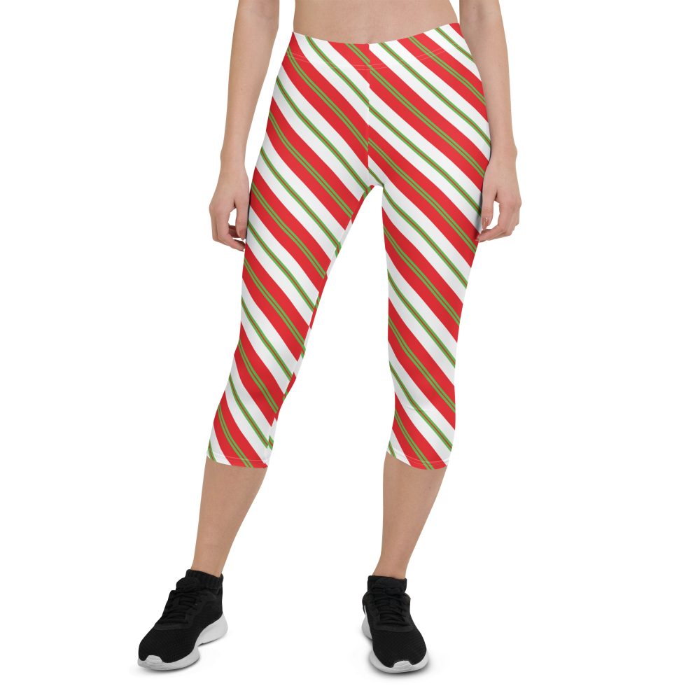 Christmas Leggings Candy Cane Striped Capri Leggings