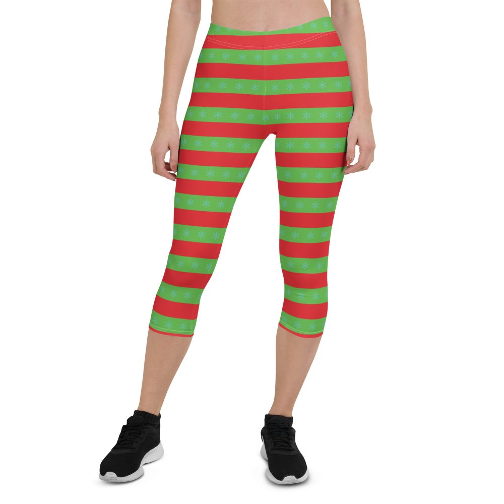 Christmas Capri Leggings Red and Green Striped with Snowflakes