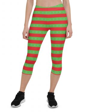 Christmas Capri Leggings Red and Green Striped with Snowflakes