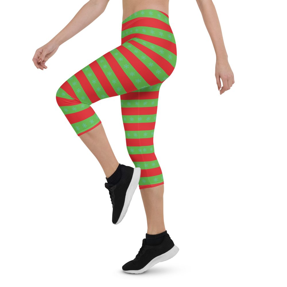 Christmas Capri Leggings Red and Green Striped with Snowflakes - Image 4