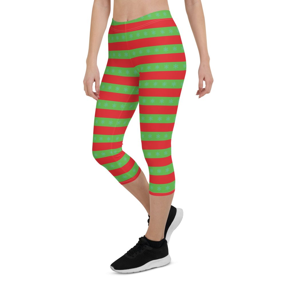 Christmas Capri Leggings Red and Green Striped with Snowflakes - Image 6