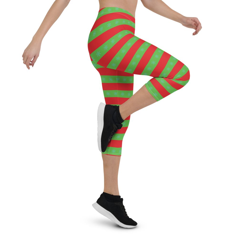 Christmas Capri Leggings Red and Green Striped with Snowflakes - Image 5