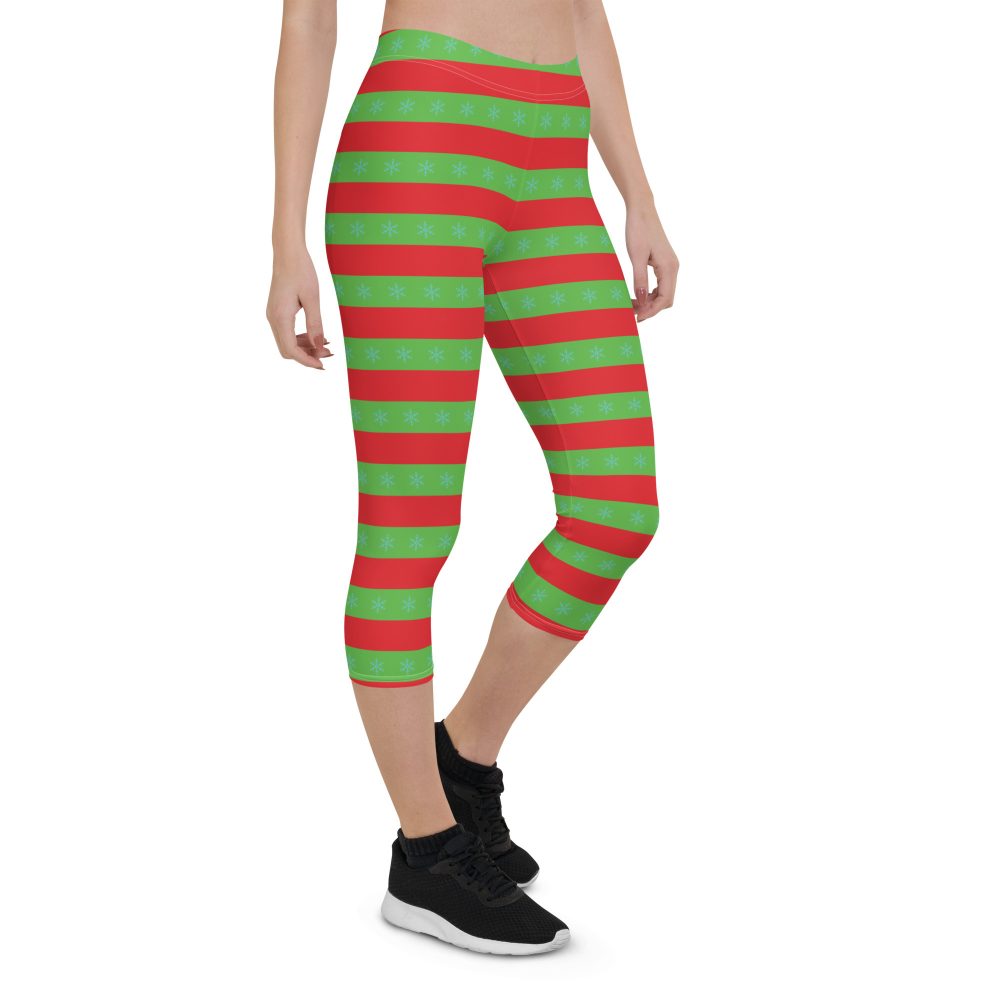 Christmas Capri Leggings Red and Green Striped with Snowflakes - Image 7