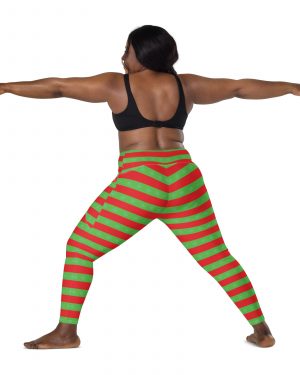 Christmas Crossover leggings with pockets Red and Green Striped with Snowflakes
