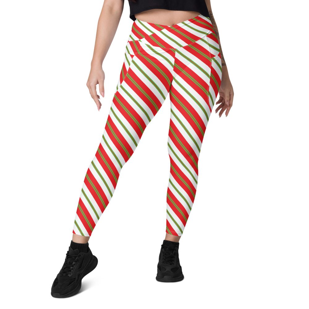 Christmas Shorts Candy Cane Striped Crossover leggings with pockets - Image 6