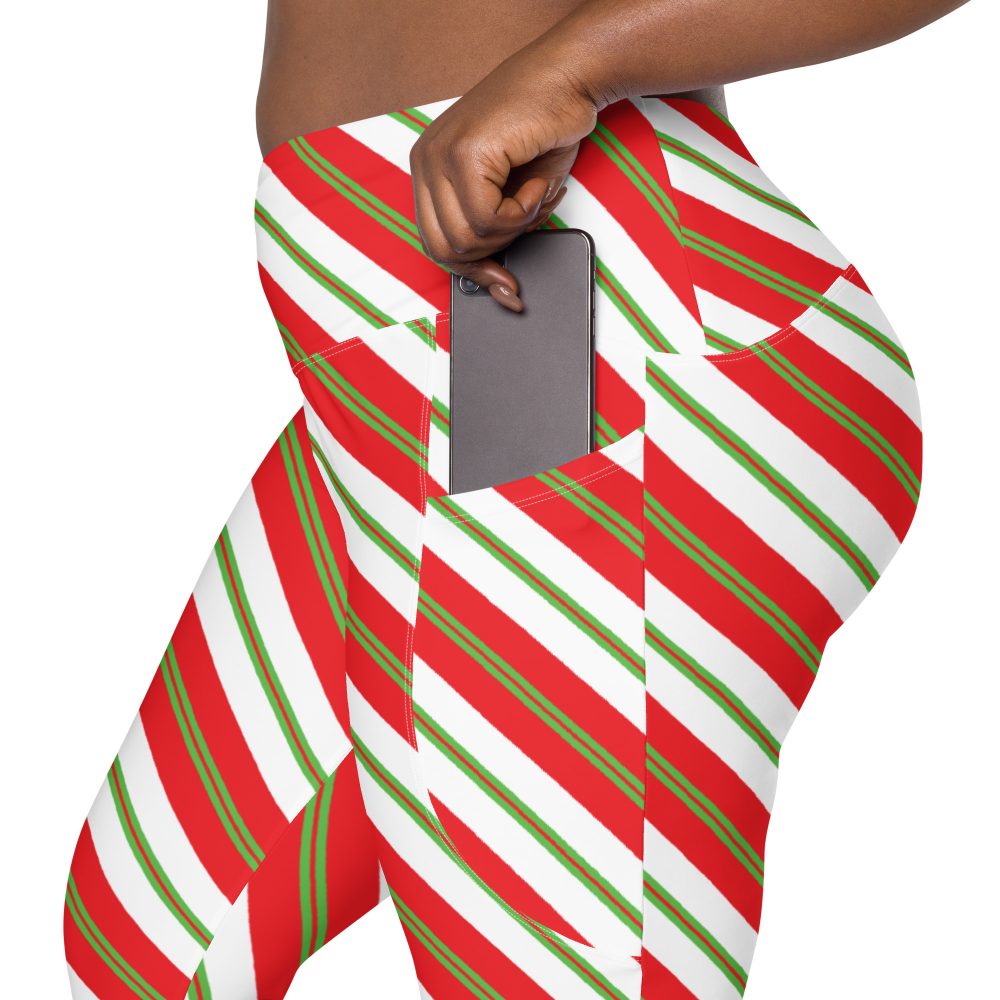 Christmas Shorts Candy Cane Striped Crossover leggings with pockets - Image 3