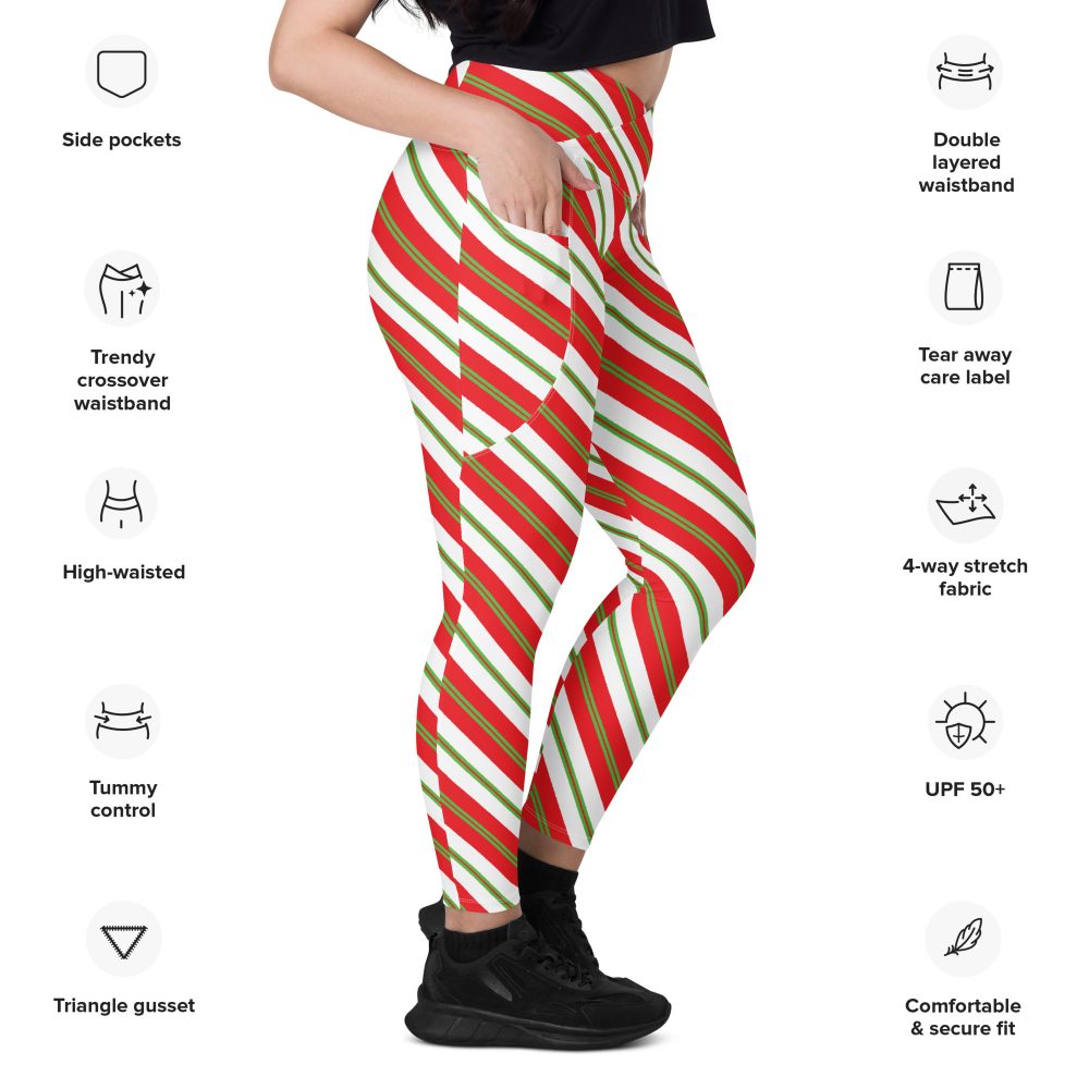 Christmas Shorts Candy Cane Striped Crossover leggings with pockets - Image 2