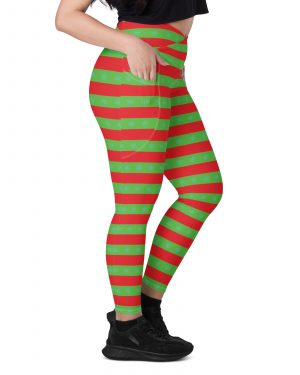 Christmas Crossover leggings with pockets Red and Green Striped with Snowflakes