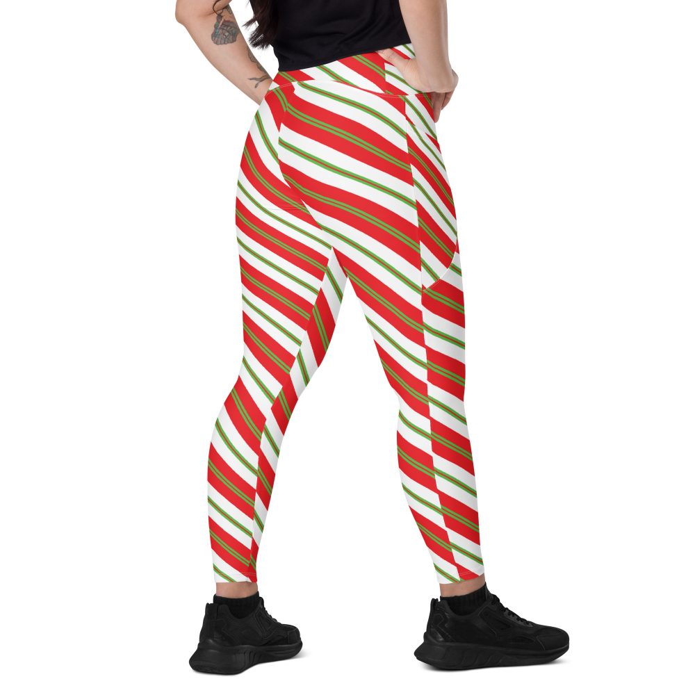 Christmas Shorts Candy Cane Striped Crossover leggings with pockets - Image 4