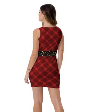 Red Christmas Dress Buffalo Plaid Faux String Lights Belt Fitted Bodycon Dress