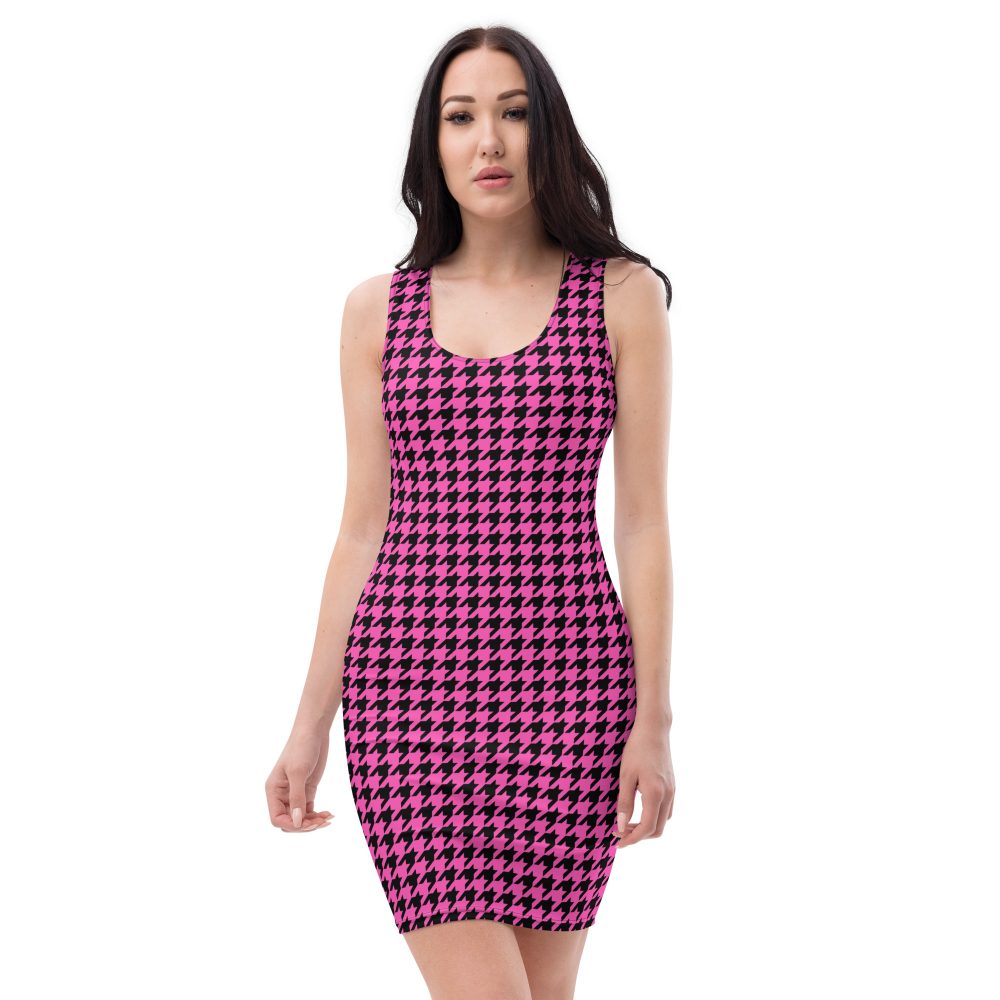 Pink Houndstooth Fitted Bodycon Dress