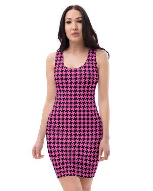 Pink Houndstooth Fitted Bodycon Dress