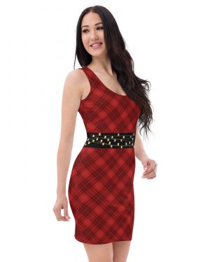Red Christmas Dress Buffalo Plaid Faux String Lights Belt Fitted Bodycon Dress