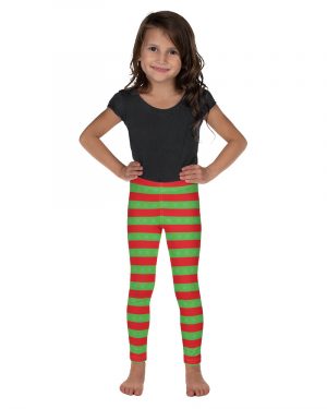 Christmas Kid’s Leggings Red and Green Striped with Snowflakes
