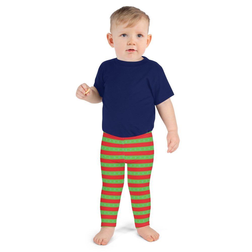 Christmas Kid's Leggings Red and Green Striped with Snowflakes - Image 3