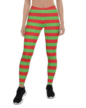 Christmas Leggings Red and Green Striped with Snowflakes