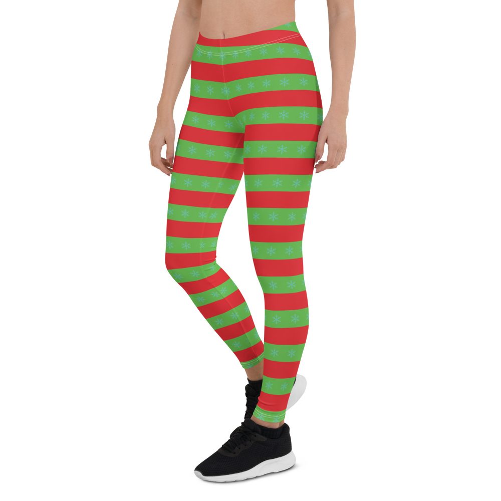 Christmas Leggings Red and Green Striped with Snowflakes - Image 4