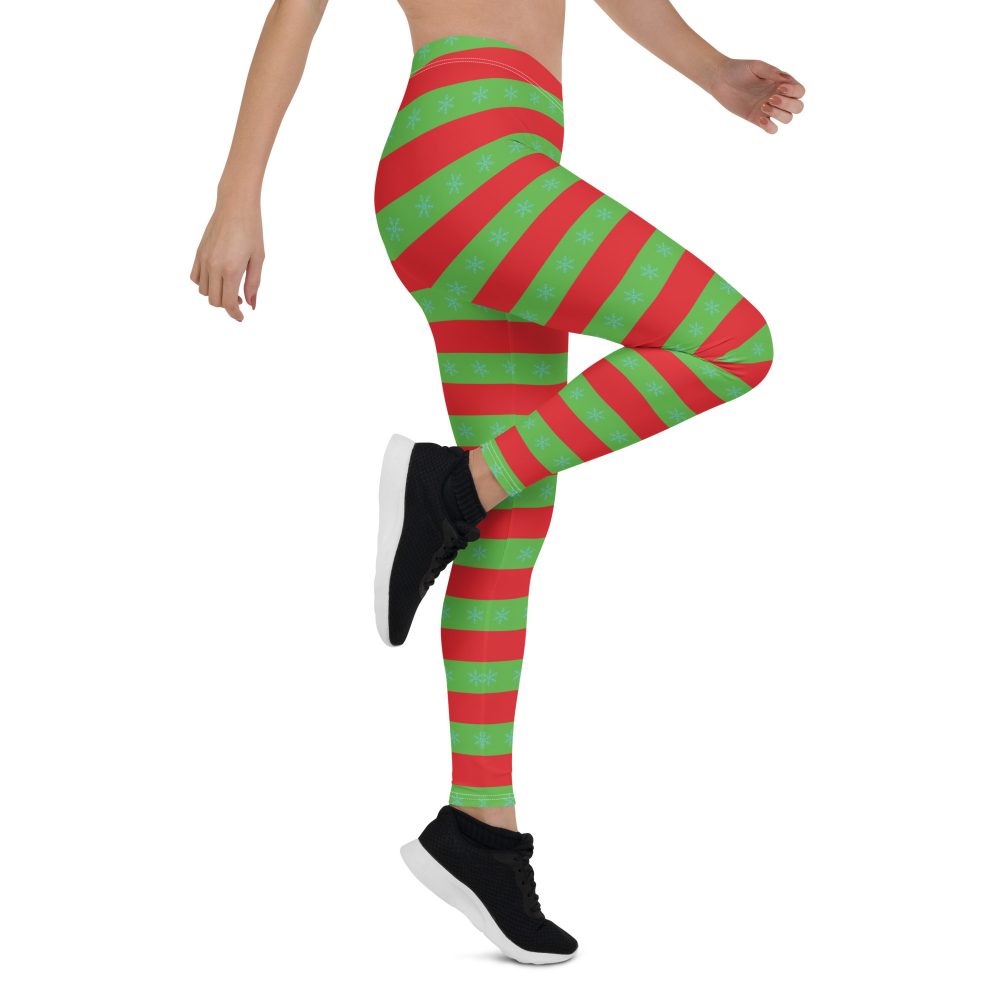 Christmas Leggings Red and Green Striped with Snowflakes - Image 7