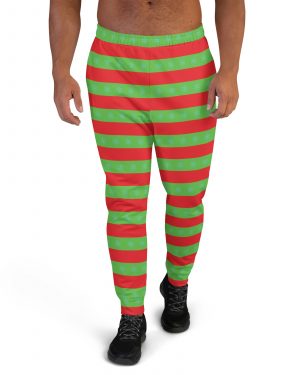 Men’s Christmas Joggers Red and Green Striped with Snowflakes