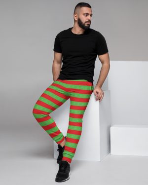 Men’s Christmas Joggers Red and Green Striped with Snowflakes