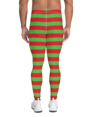 Men’s Christmas Leggings Red and Green Striped with Snowflakes