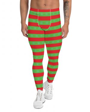 Men’s Christmas Leggings Red and Green Striped with Snowflakes