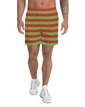 Men’s Christmas Athletic Shorts Red Green Striped with Snowflakes