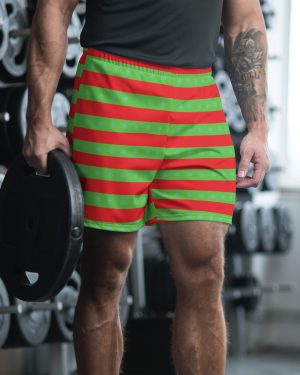 Men’s Christmas Athletic Shorts Red Green Striped with Snowflakes