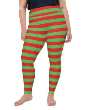 Christmas Plus Size Leggings Red and Green Striped with Snowflakes